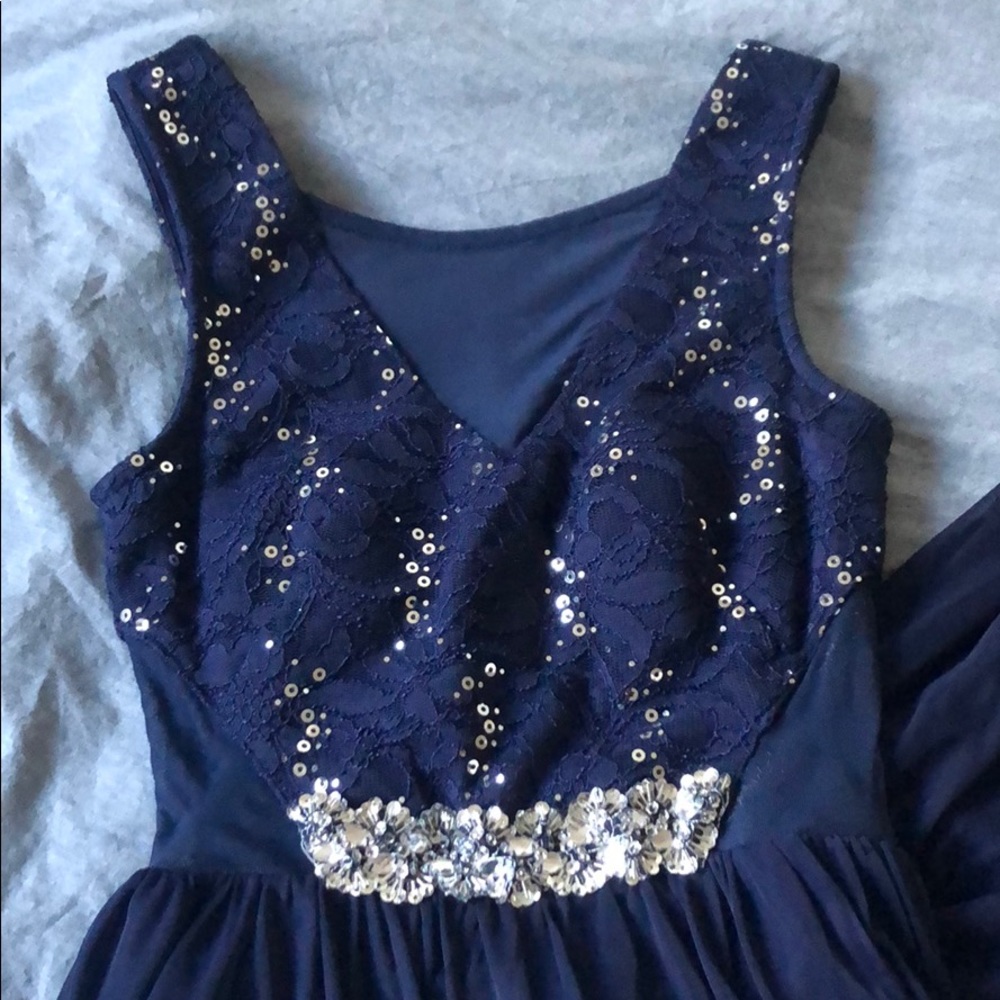 Navy Blue Prom Dress with Sequin Detailing